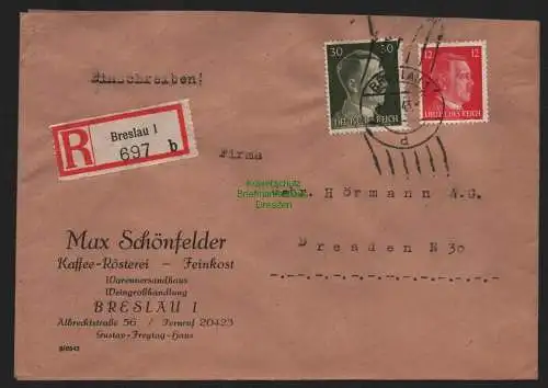 B9190 R-Brief Gebr. Hörmann A.-G. Breslau 1 1943 Max Schönfelder Kaffee Rösterei