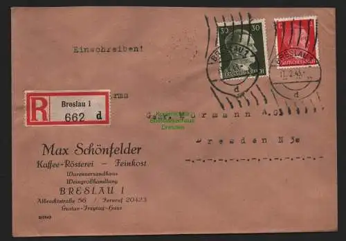 B9192 R-Brief Gebr. Hörmann A.-G Breslau 1d 1943 Max Schönfelder Kaffee Rösterei