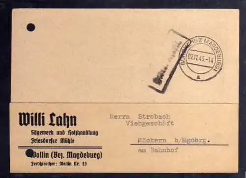 B397 SBZ Postkarte Gebühr bezahlt 1945 Görzke Bz. Magdeburg Sägewerk Holzhandlun
