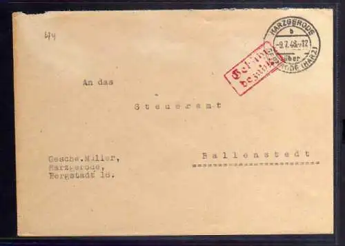 B452 SBZ Brief Gebühr bezahlt 1948 Harzgerode an Steueramt Ballenstedt Währungsr
