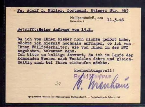 B458 SBZ Postkarte Gebühr bezahlt 1946 Heiligenstadt Eichsfeld
