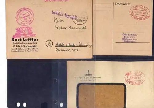 B353 3x SBZ Brief Karte Gebühr bezahlt 1945 Erfurt Stotternheim Siemens Schucker