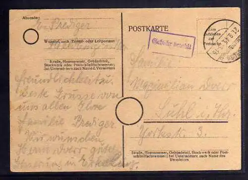 B459 SBZ Postkarte Gebühr bezahlt 1945 Heldburg