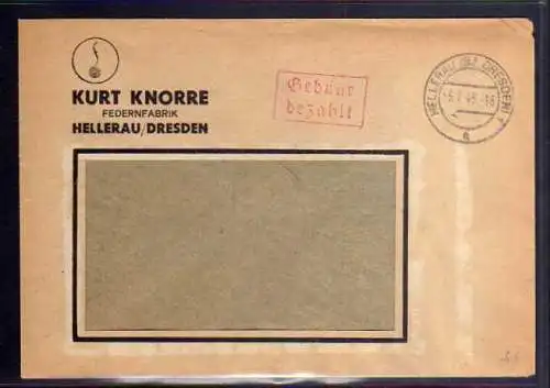 B462 SBZ Brief Gebühr bezahlt 1945 Hellerau Bz. Dresden Federnfabrik Kurt Knorre