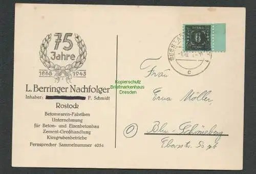 B4815 SBZ 9 Postkarte Marke oben geschnitten Rostock Firmenjubileum 75 Jahre Ber