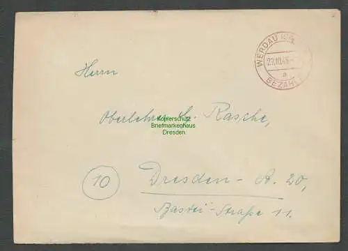 B4867 Brief SBZ Gebühr bezahlt Werdau Sachs. 1945 nach Dresden A20