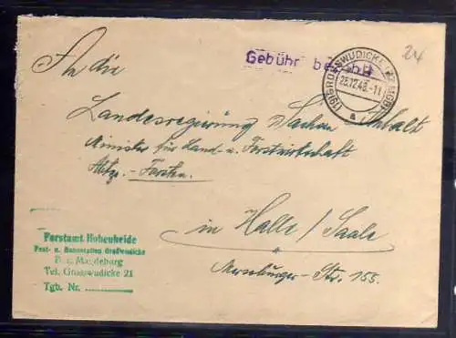 B437 2x SBZ Brief Gebühr bezahlt 1948 Grosswudicke Großwudicke Forstamt Hohenhei