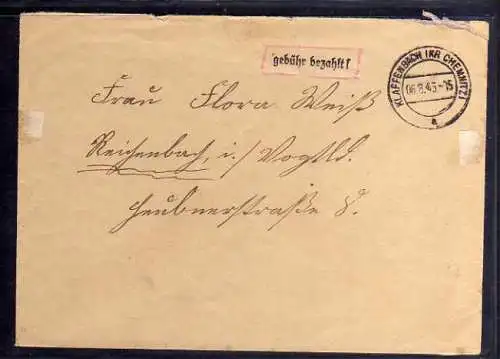 B503 SBZ Brief Gebühr bezahlt 1945 Klaffenbach Kr. Chemnitz
