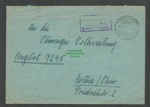 B4857 SBZ Brief Gebühr bezahlt Herbsleben Kr. Gotha 1945 an Volkszeitung Gotha