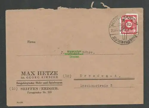 B5034 SBZ 46 L Seiffen PMT Postmeistertrennung portogerecht nach Dresden gepr.