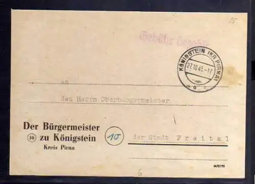 B512 SBZ Briefvorderseite Gebühr bezahlt 1945 Königsstein Kr. Pirna Der Bürgerme