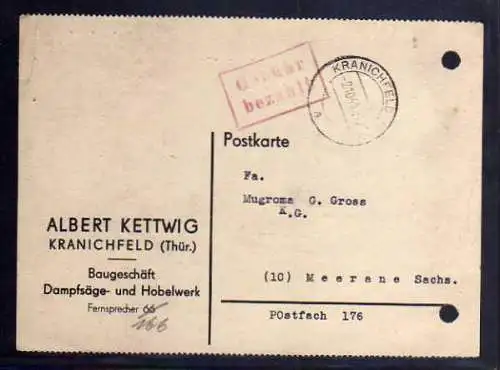 B518 SBZ Karte Gebühr bezahlt 1945 Kranichfeld Baugeschäft Dampfsäge- und Hobelw
