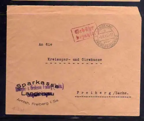 B525 SBZ Brief Karte Gebühr bezahlt 1945 Langenau über Freiberg Sparkasse Giroka