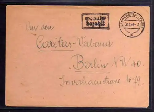 B527 SBZ Brief Gebühr bezahlt 1945 Langenorla Thür. an Caritasverband Berlin
