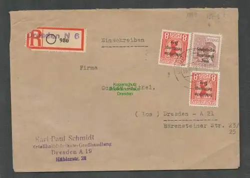 B5911 Brief SBZ Ortseinschreiben Dresden 76 P. Metallfabrikate Großhandlung 1948