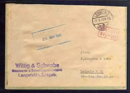 B541 SBZ Brief Gebühr bezahlt 1945 Lengefeld Erzgebirge Metallwarenfabrik Wittig