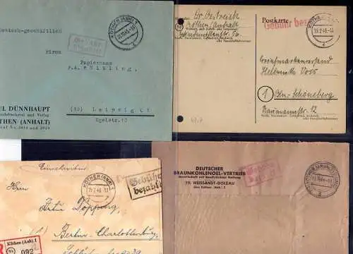 B515 8x SBZ Brief Gebühr bezahlt 1945 1948 Köthen Anh. 4 verschiedene Stempelfor