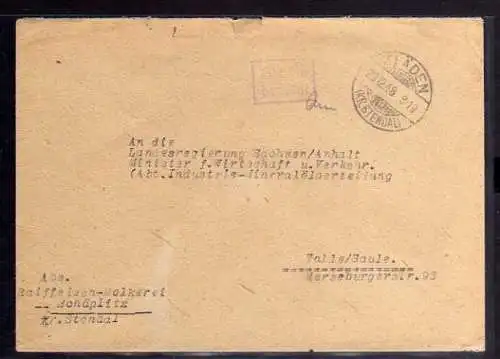 B502 SBZ Brief Gebühr bezahlt 1948 Kläden Kr. Stendal Raiffeisen Molkerei Schäpl