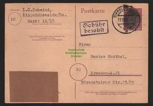 B11187 SBZ 1945 Ganzsache Schwärzung Überklebung Gebühr bezahlt Dippoldiswalde