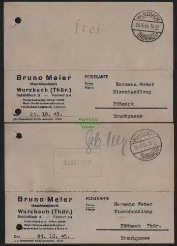 B11321 2x Postkarte SBZ Gebühr bezahlt frei 1945 Wurzbach Thür. Maschinenfabrik