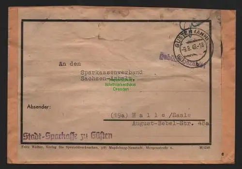 B11375 Brief SBZ Gebühr bezahlt Güsten 1948 Stadt Sparkasse