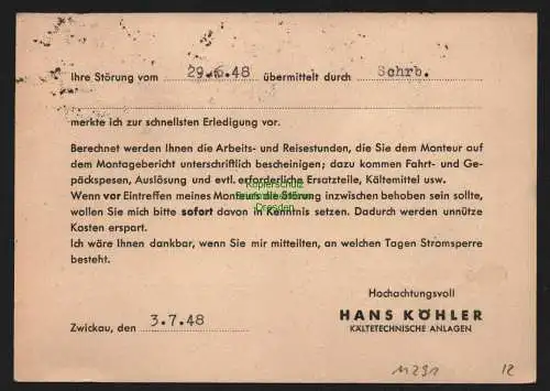 B11291 SBZ Währungsreform 1948 Drucksache Postkarte Zwickau nach Dresden