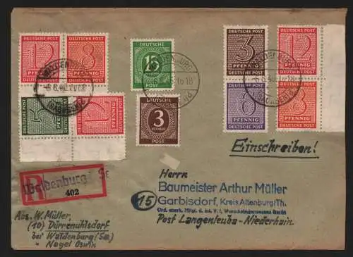 B12419 SBZ Westsachsen Brief Einschreiben Waldenburg Sa. mit ZD aus Großbogen