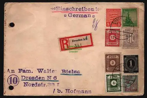 B12075 Brief Einschreiben Dresden 1946 SBZ BAZ Ostsachsen Westsachsen Thüringen