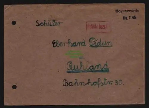 B11953 SBZ Brief Notstempel Hoyerswerda 1945 nach Ruhland