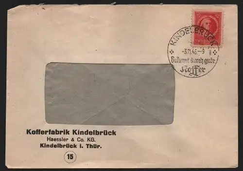 B12480 SBZ Brief 1945 Kofferfabrik Kindelbrück Haessler & Co. KG passender SST