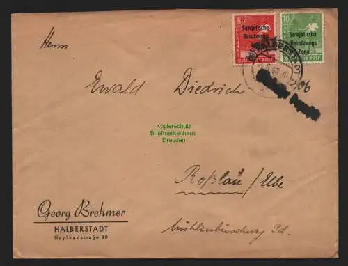 B11066 Brief SBZ Gebühr bezahlt Halberstadt Teil-Barfrankatur nach Roßlau 1948