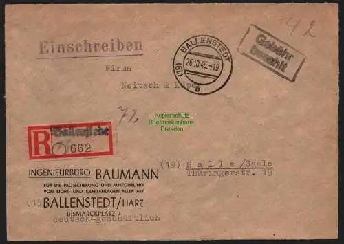 B10372 Briefvorderseite SBZ Gebühr bezahlt 1945 Einschreiben Ballenstädt n Halle