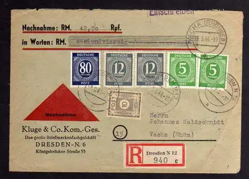 B1065 SBZ Ostsachsen Einschreiben Nachnahme 1946 Dresden - Vacha Röhn