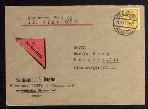 B1118 Brief SBZ Ostsachsen 55 Einzelfrankatur Nachnahme 14.2.46 Dresden