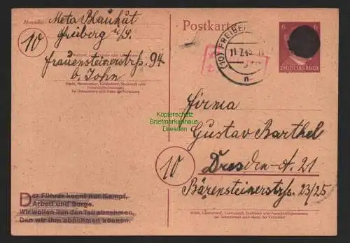 B11192 SBZ 1945 Ganzsache Schwärzung Gebühr bezahlt Freiberg nach Dresden