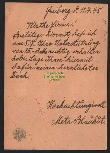B11192 SBZ 1945 Ganzsache Schwärzung Gebühr bezahlt Freiberg nach Dresden