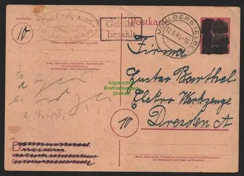 B11183 SBZ 1945 Ganzsache Schwärzung Formularaufbrauch Gebühr bezahlt Mühlberg