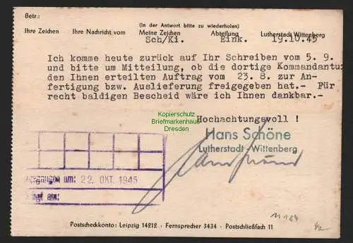 B11184 Postkarte SBZ 1945 Firmenfreistempel Lutherstadt Wittenberg geschwärzte