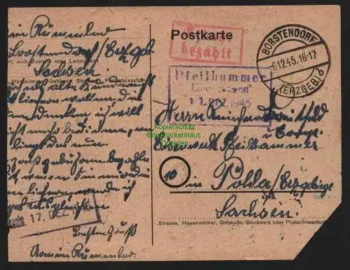 B10373 Postkarte SBZ Gebühr bezahlt 1945 Borstendorf nach Pöhla