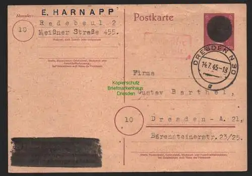 B11197 SBZ 1945 Ganzsache Schwärzung Gebühr bezahlt Ortskarte Dresden N30