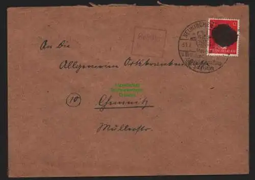 B11046 Brief SBZ Sächsische Schwärzung 1945 Neukirchen 31.7.45 + Gebühr bezahlt