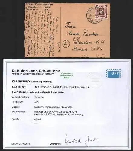 B11223 Postkarte SBZ Ostsachsen 1945 42 G Ortskarte Wachwitz gepr. Jasch BPP Bef