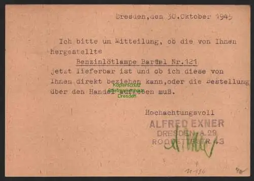 B11194 SBZ 1945 Ganzsache Schwärzung Gebühr bezahlt Ortskarte Dresden