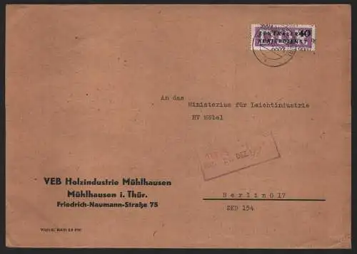 B14077 DDR ZKD Brief 1957 12 9007 Mühlhausen VEB Holzindustrie Mühlhausen  an Mi