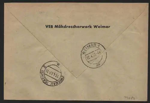 B14084 DDR ZKD Brief 1957 11 9011 Weimar VEB Mähdrescherwerk Weimar an nach Zwic