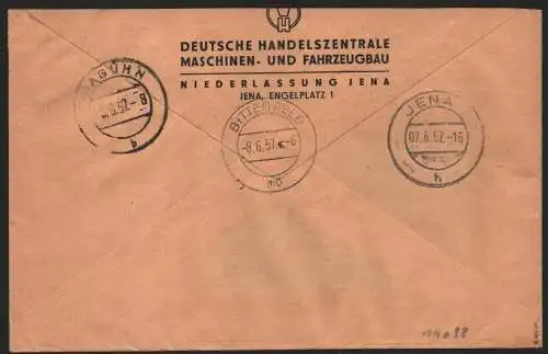 B14098 DDR ZKD Brief 1957 15 1103 Jena DHZ Maschinen- und Fahrzeugbau an nach Ra