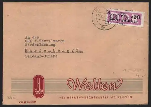 B14125 DDR ZKD Brief 1957 15 1204 Meiningen VEB Herrenwäschefabrik Welton an GHK