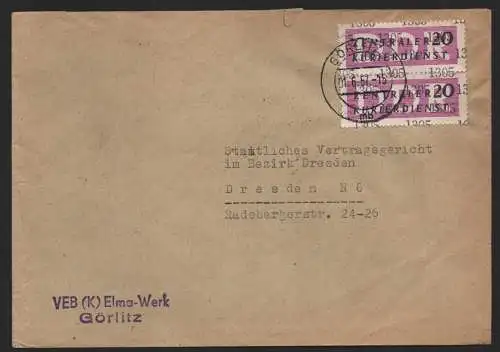 B14162 DDR ZKD Brief 1957 2x15 1305 Görlitz VEB (K) Elma-Werk an nach Dresden
