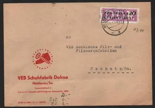 B14173 DDR ZKD Brief 1957 15 1311 Pirna VEB Schuhfabrik Dohna Heidenau  an nach