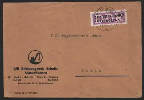 B14181 DDR ZKD Brief 1957 12 1313 Sebnitz VEB Hebezeugwerk an an VEB Papierfabri
